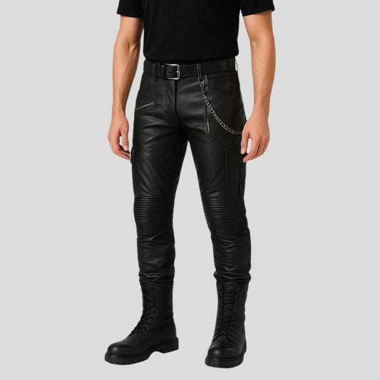 Men’s Faux Leather Biker Pants Slim Fit with Chain - 3amoto shop