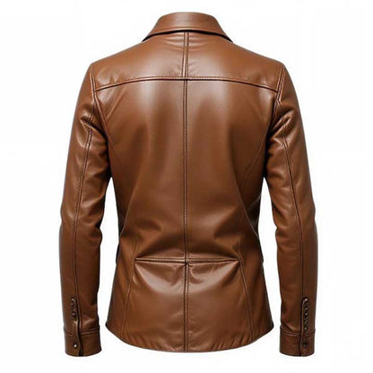 Mens genuine leather shirt jacket motorcycle style with button up front
