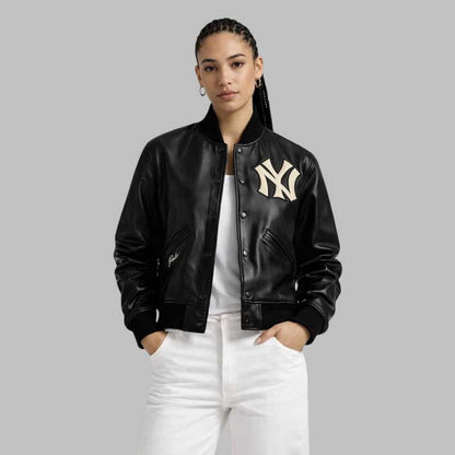 NY Black Leather Varsity Bomber Jacket
