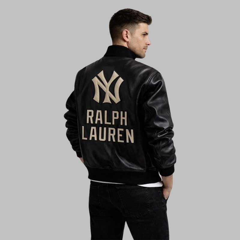 NY Black Leather Varsity Bomber Jacket
