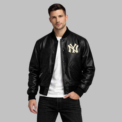 NY Black Leather Varsity Bomber Jacket
