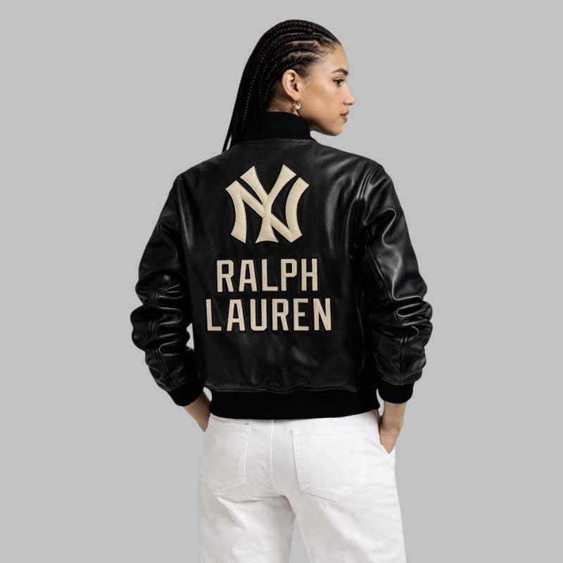 NY Black Leather Varsity Bomber Jacket