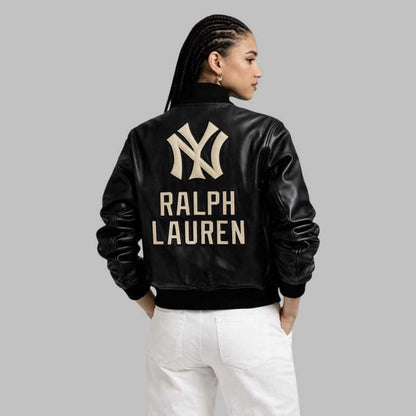 NY Black Leather Varsity Bomber Jacket