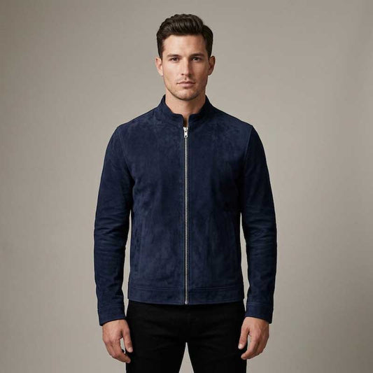 Navy Blue Suede Leather Slim Fit Bomber Jacket - 3amoto shop
