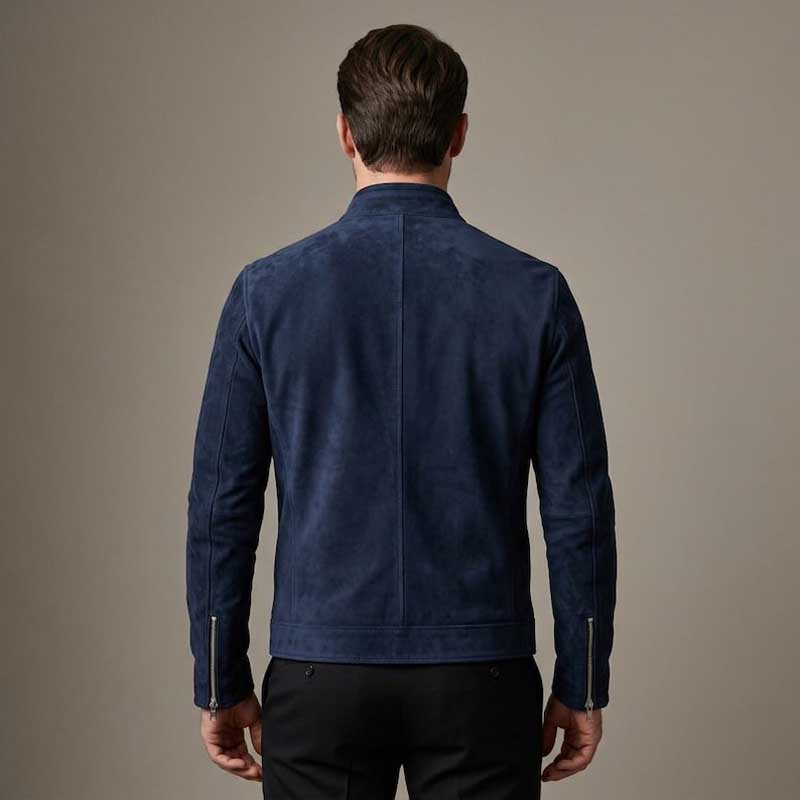 Navy Blue Suede Leather Slim Fit Bomber Jacket