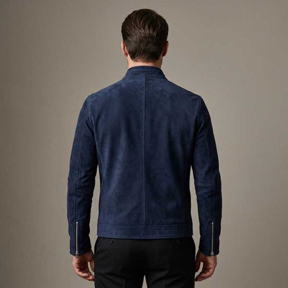 Navy Blue Suede Leather Slim Fit Bomber Jacket