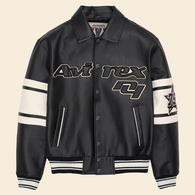 Black White Letterman Jacket - Avirex Brooklyn Leather Jacket