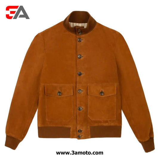 New Mens Brown A1 Suede Leather Bomber Jacket - Fashion Leather Jackets USA - 3AMOTO