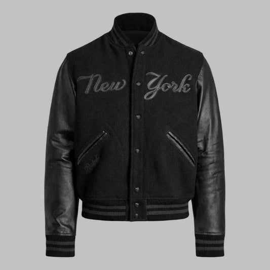 New York black wool varsity jacket with leather sleeve - 3amoto shop