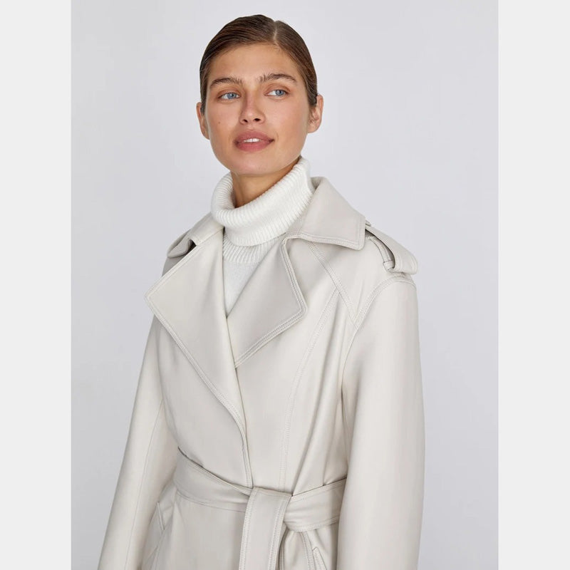 Off-White Leather Long Trench Coat for Women - 3amoto