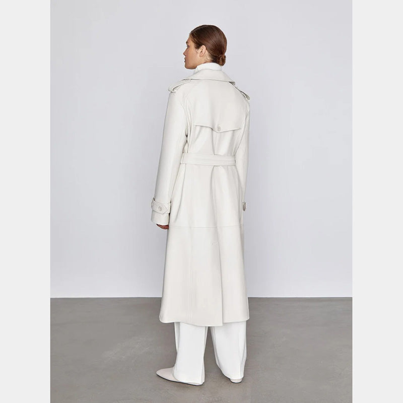 Off White Leather Long Trench Coat for Women 4XL