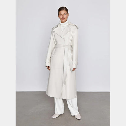 Off-White Leather Long Trench Coat for Women - 3amoto