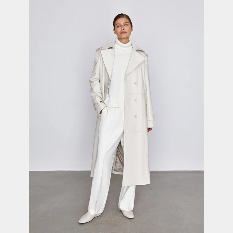 Off-White Leather Long Trench Coat for Women - 3amoto