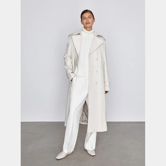 Off-White Leather Long Trench Coat for Women - 3amoto - 3amoto shop