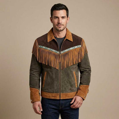 Olive Brown Suede Fringe Western Jacket