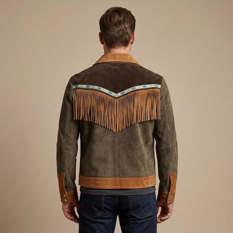 Olive Brown Suede Fringe Western Jacket