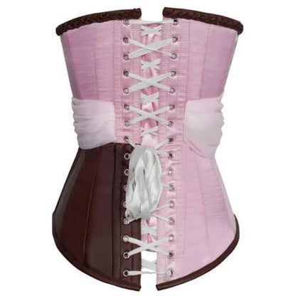 Pink Satin & Faux Leather Braided Trimming Corset