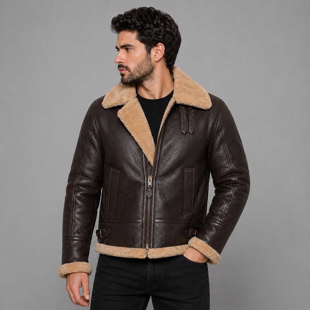 RAF Aviator Bomber Real Shearling Real Sheepskin Brown Leather Jacket