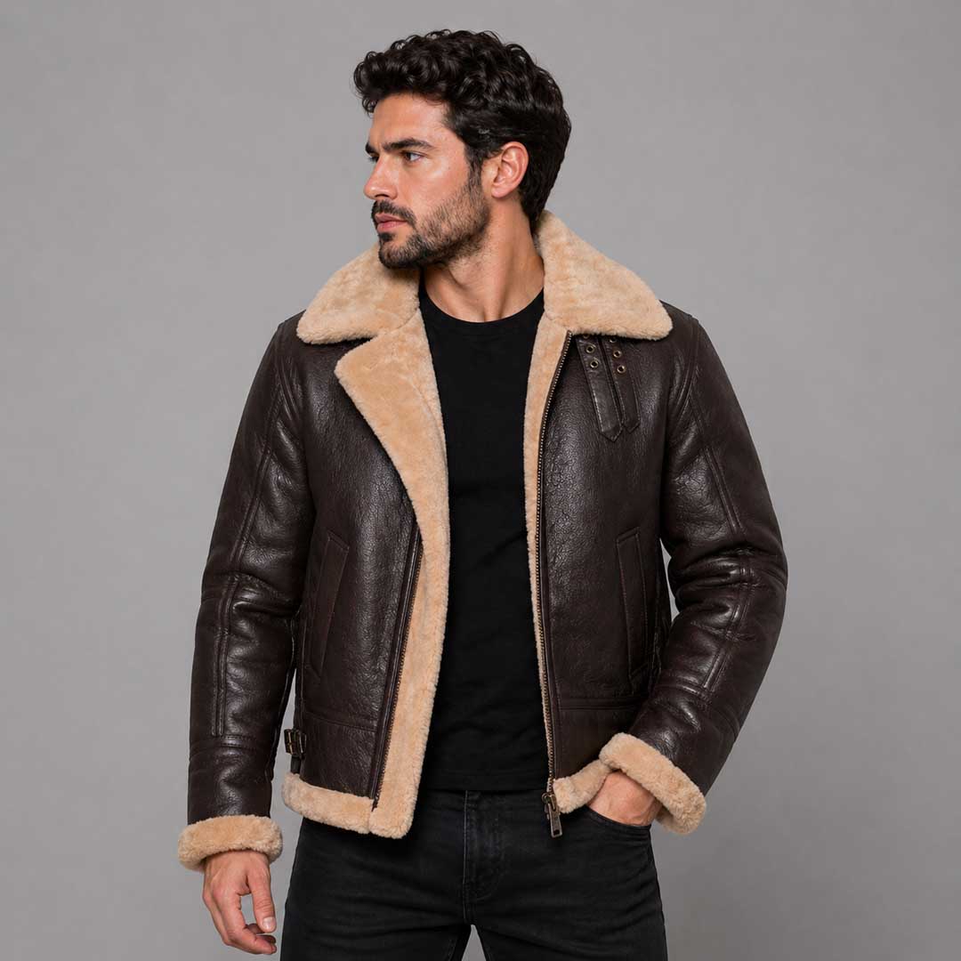 RAF Aviator Bomber Real Shearling Real Sheepskin Brown Leather Jacket