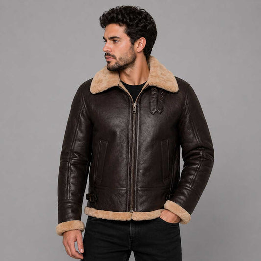 RAF Aviator Bomber Real Shearling Real Sheepskin Brown Leather Jacket - 3amoto shop