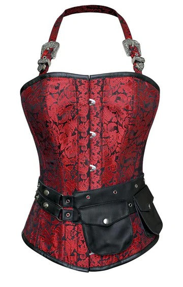 Red Corset with Strap and Faux Leather Pouch