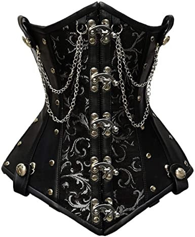 Silver Brocade & Faux Leather Underbust Corset With Chain Details