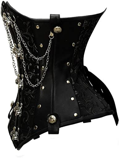 Silver Brocade & Faux Leather Underbust Corset With Chain Details