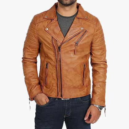 Slim Flex Tan Diagonal Zip Biker Jacket