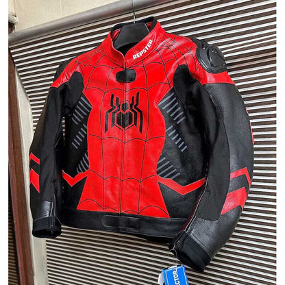 Genuine cowhide Spider-Man motorcycle jacket with CE protective armor