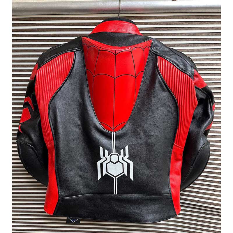 Red and blue Spider-Man racing leather jacket with web pattern detailing