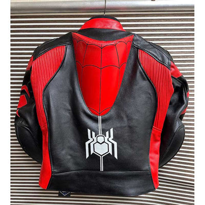 Red and blue Spider-Man racing leather jacket with web pattern detailing