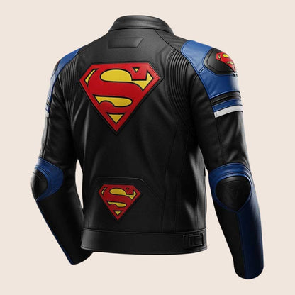 Superman Logo Leather Motorcycle Racing Jacket Black Blue Red