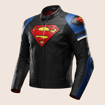 Superman Logo Leather Motorcycle Racing Jacket Black Blue Red