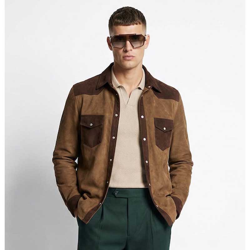 The Ranch Hand Two Tone Brown Suede Field Jacket for Men front view
