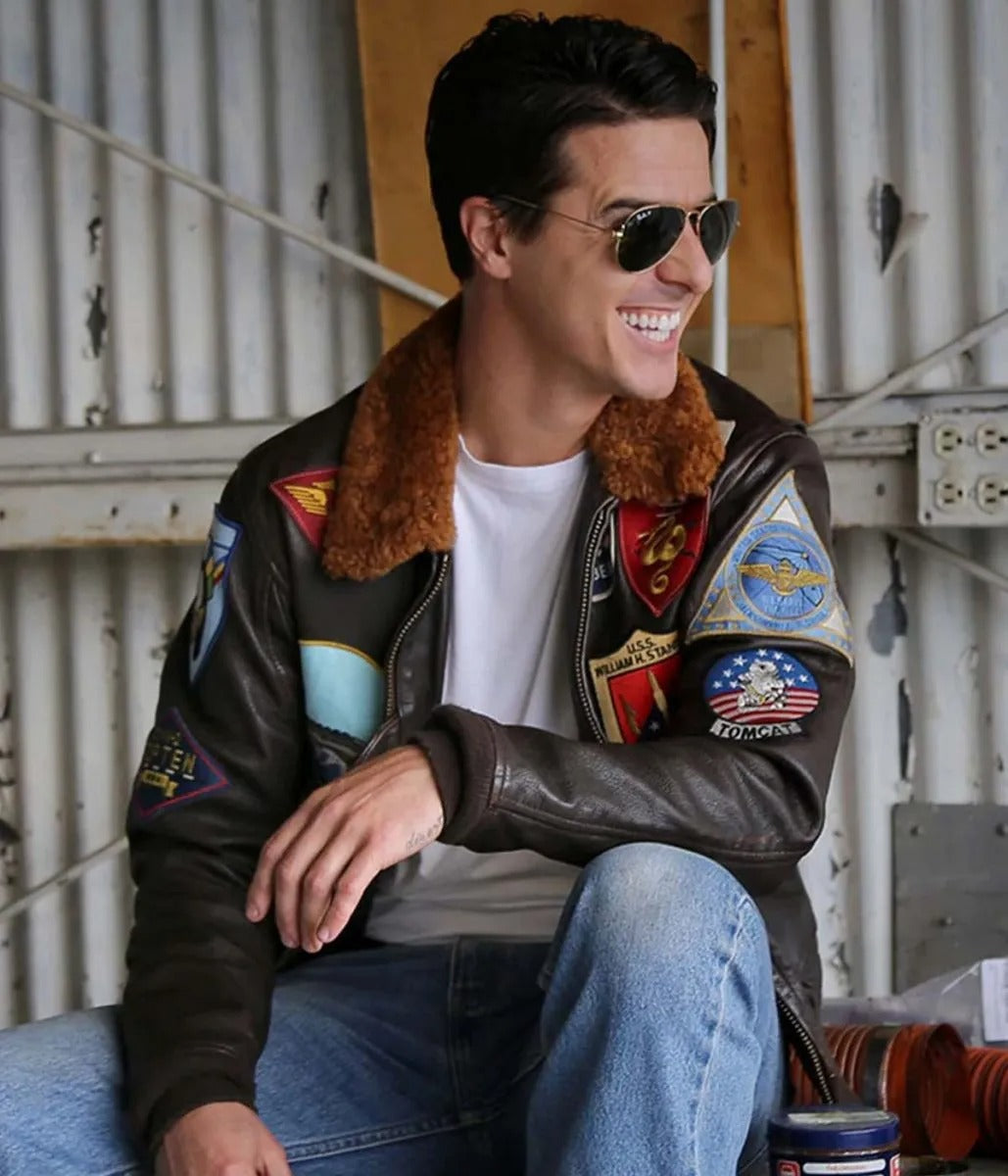 Top Gun Tom Cruise Bomber Leather Jacket with Removable Fur