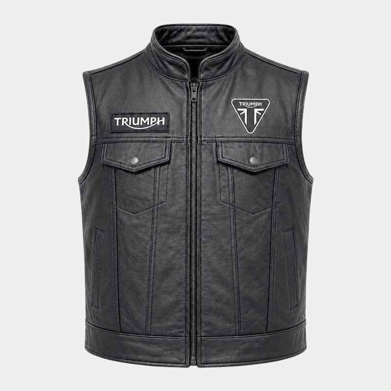 Triumph men's genuine leather motorcycle club vest with embroidered biker graphics