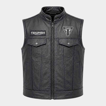 Triumph men's genuine leather motorcycle club vest with embroidered biker graphics