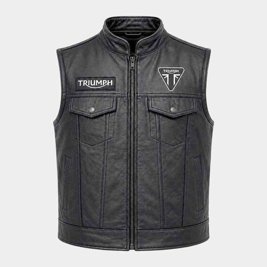 Triumph men's genuine leather motorcycle club vest with embroidered biker graphics - 3amoto shop