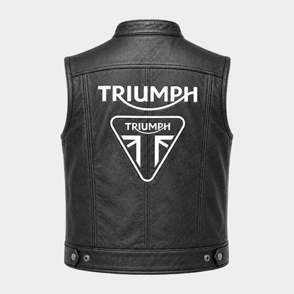 Black genuine leather Triumph biker vest with front zipper closure