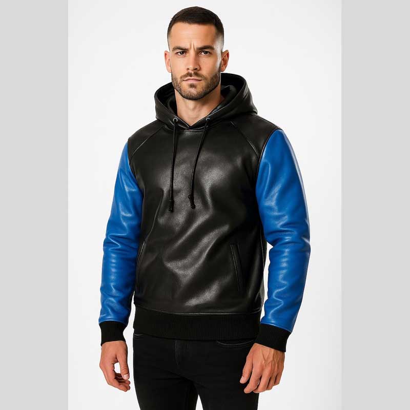 Two Tone Black Blue Sheep Leather Hoodie Jacket