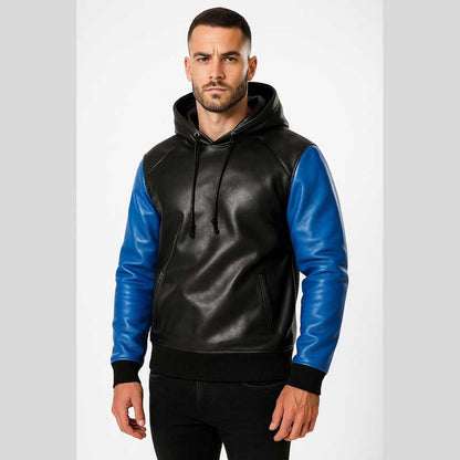 Two Tone Black Blue Sheep Leather Hoodie Jacket