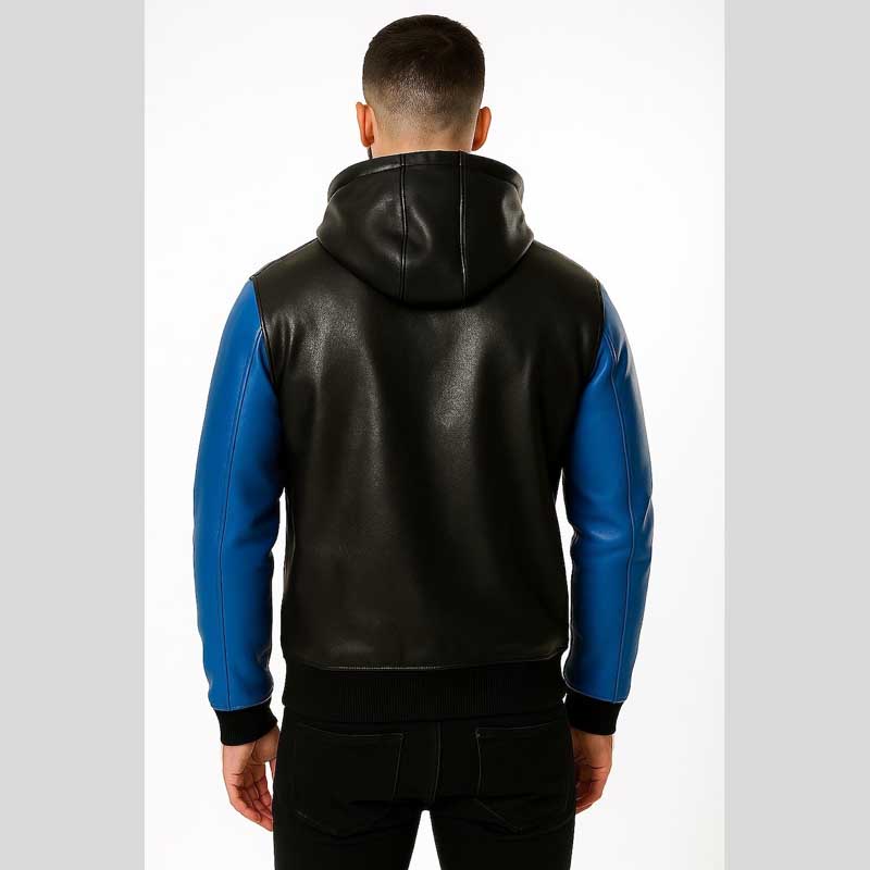 Two Tone Black Blue Sheep Leather Hoodie Jacket