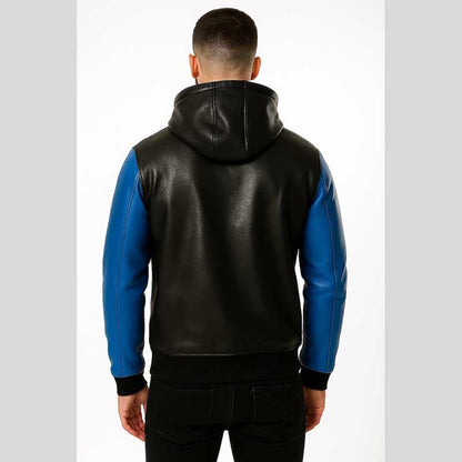 Two Tone Black Blue Sheep Leather Hoodie Jacket