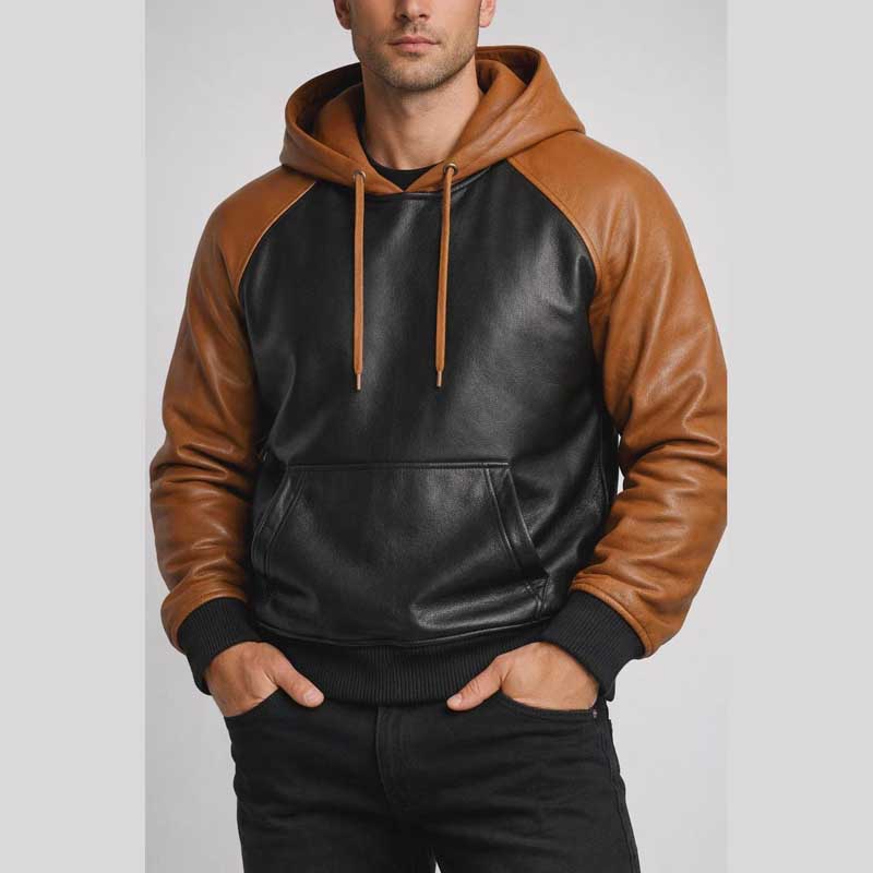 Two Tone Black Brown Sheep Leather Hoodie Jacket