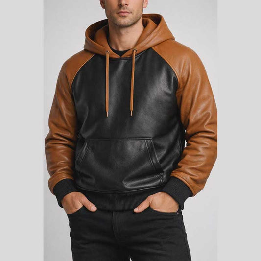 Two Tone Black Brown Sheep Leather Hoodie Jacket - 3amoto shop
