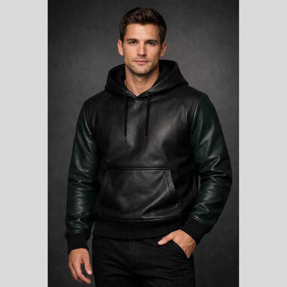 Two Tone Black Green Sheep Leather Hoodie Jacket