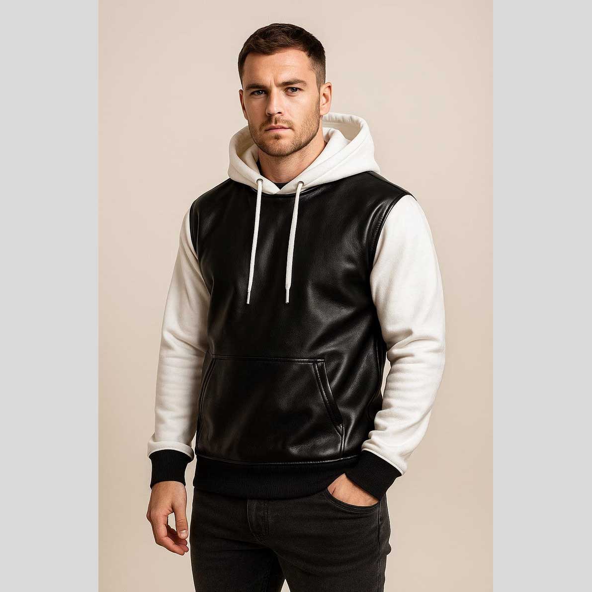 Two Tone Black White Sheep Leather Hoodie Jacket