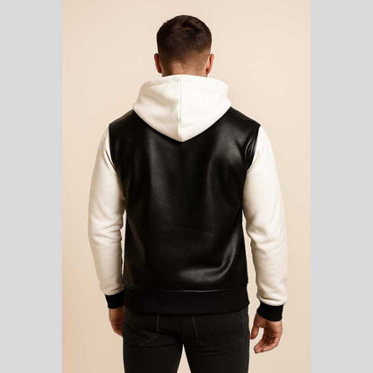 Two Tone Black White Sheep Leather Hoodie Jacket