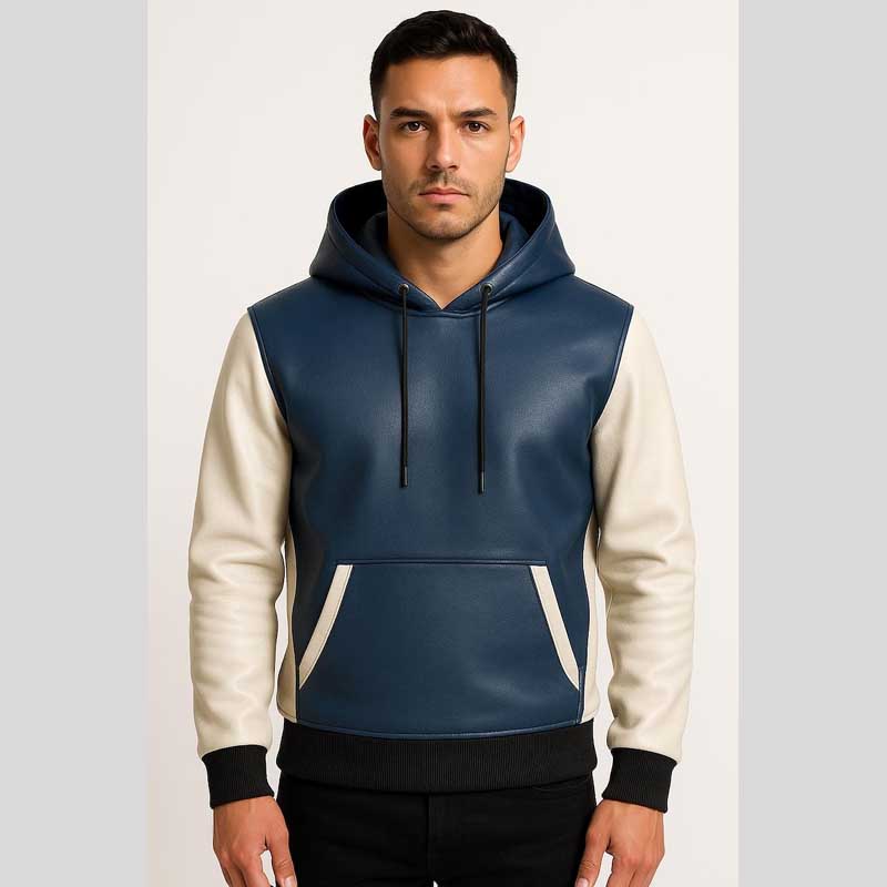 Two Tone Blue White Sheep Leather Hoodie Jacket