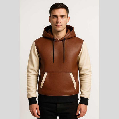 Two Tone Brown White Sheep Leather Hoodie Jacket